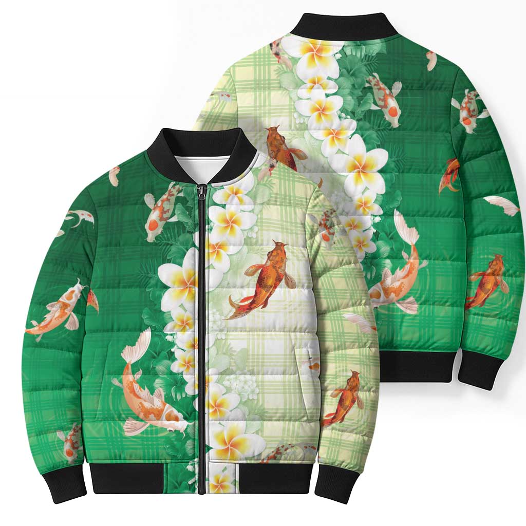 Hawaii And Japan Bomber Puffer Jacket Plumeria Lei With Koi Fish Green - Polynesian Pride