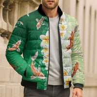 Hawaii And Japan Bomber Puffer Jacket Plumeria Lei With Koi Fish Green - Polynesian Pride