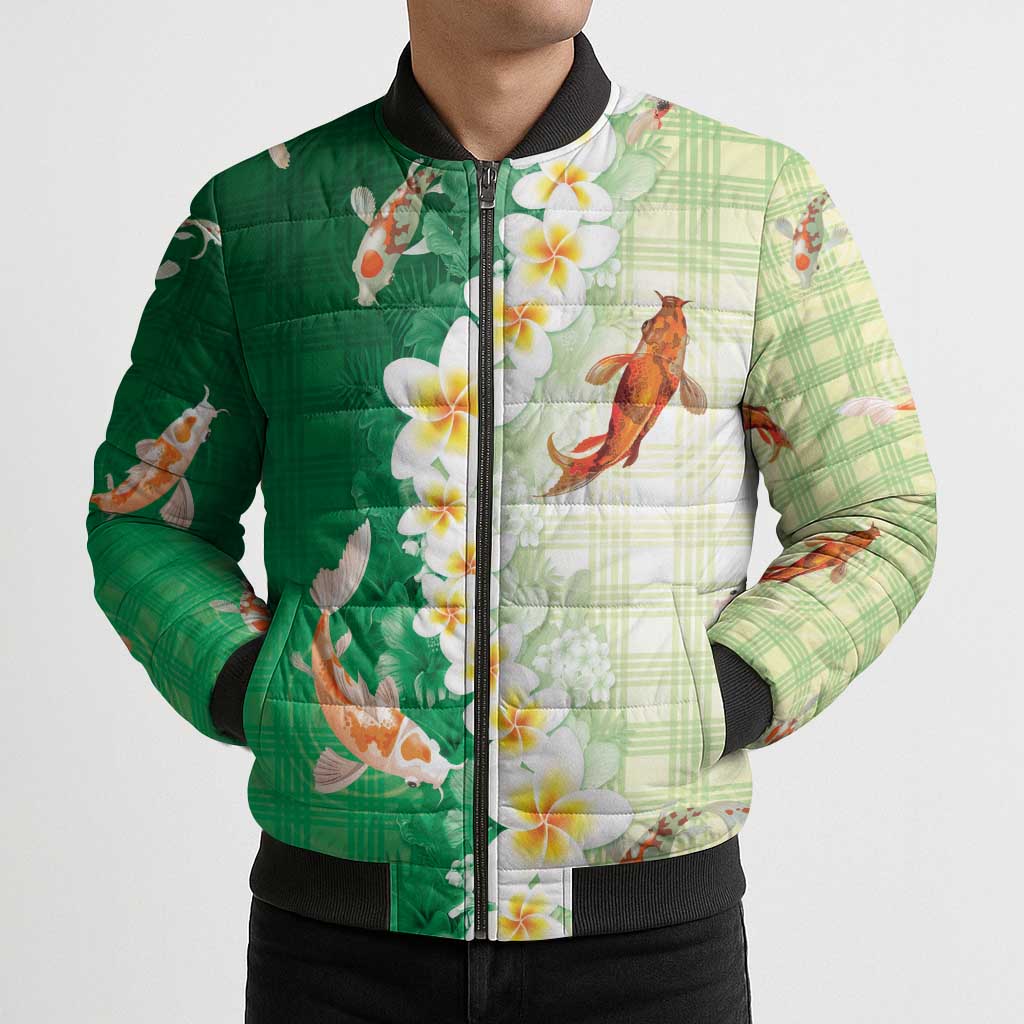 Hawaii And Japan Bomber Puffer Jacket Plumeria Lei With Koi Fish Green - Polynesian Pride