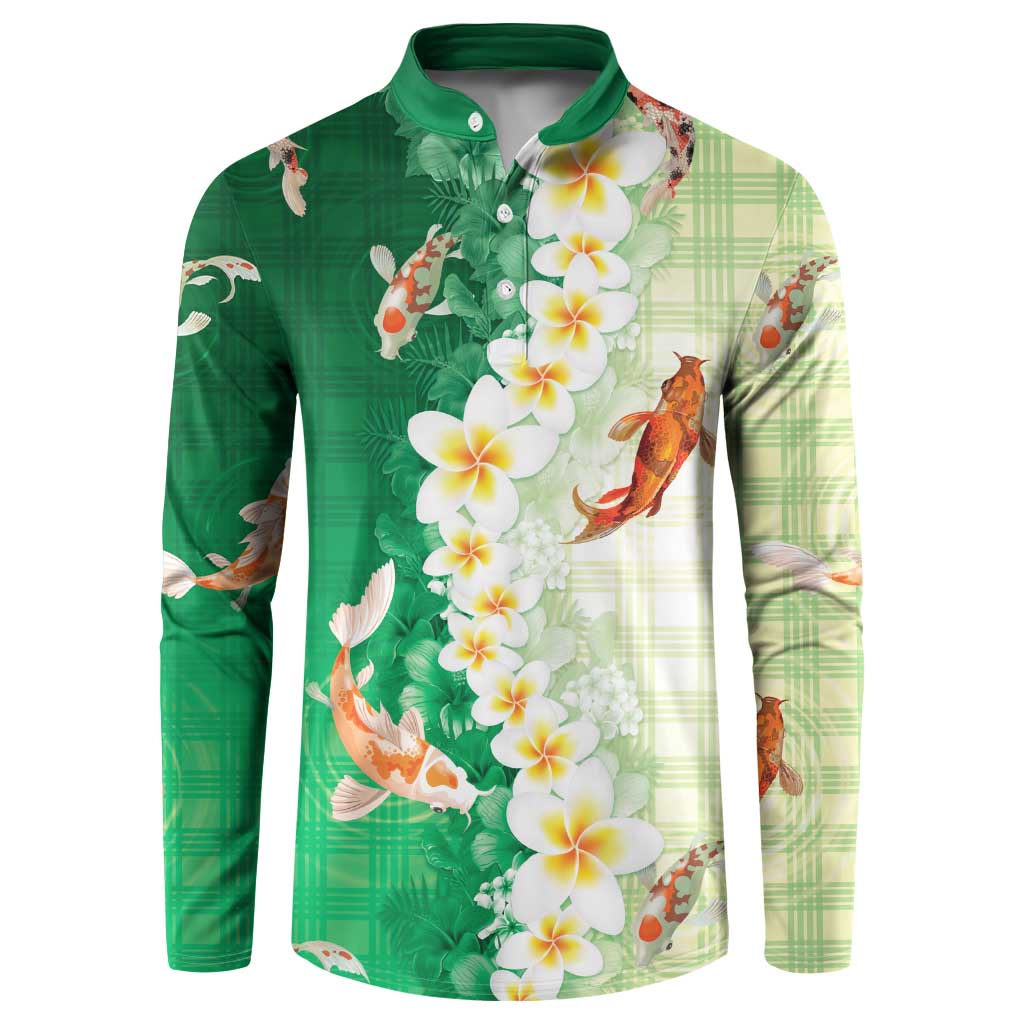 Hawaii And Japan Button Sweatshirt Plumeria Lei With Koi Fish Green - Polynesian Pride