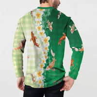 Hawaii And Japan Button Sweatshirt Plumeria Lei With Koi Fish Green - Polynesian Pride