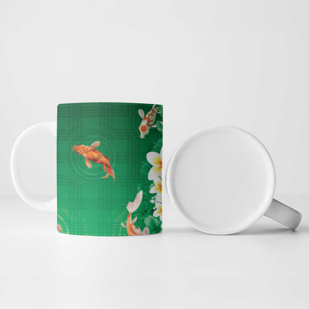 Hawaii And Japan Ceramic Mug Plumeria Lei With Koi Fish Green - Polynesian Pride