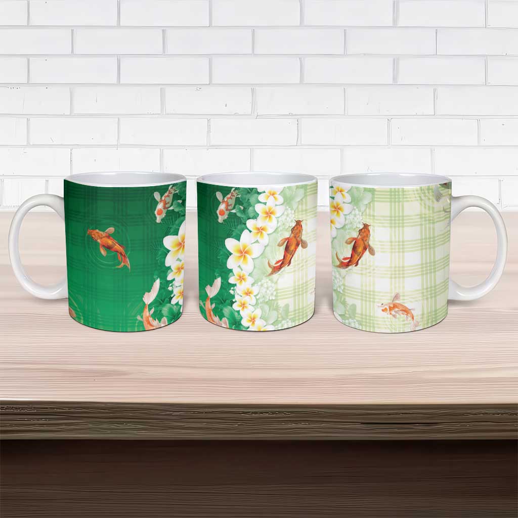 Hawaii And Japan Ceramic Mug Plumeria Lei With Koi Fish Green - Polynesian Pride