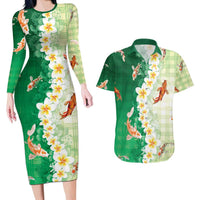 Hawaii And Japan Couples Matching Long Sleeve Bodycon Dress and Hawaiian Shirt Plumeria Lei With Koi Fish Green - Polynesian Pride