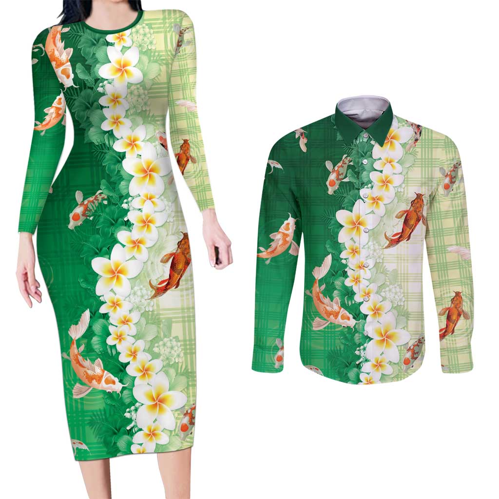 Hawaii And Japan Couples Matching Long Sleeve Bodycon Dress and Long Sleeve Button Shirt Plumeria Lei With Koi Fish Green - Polynesian Pride