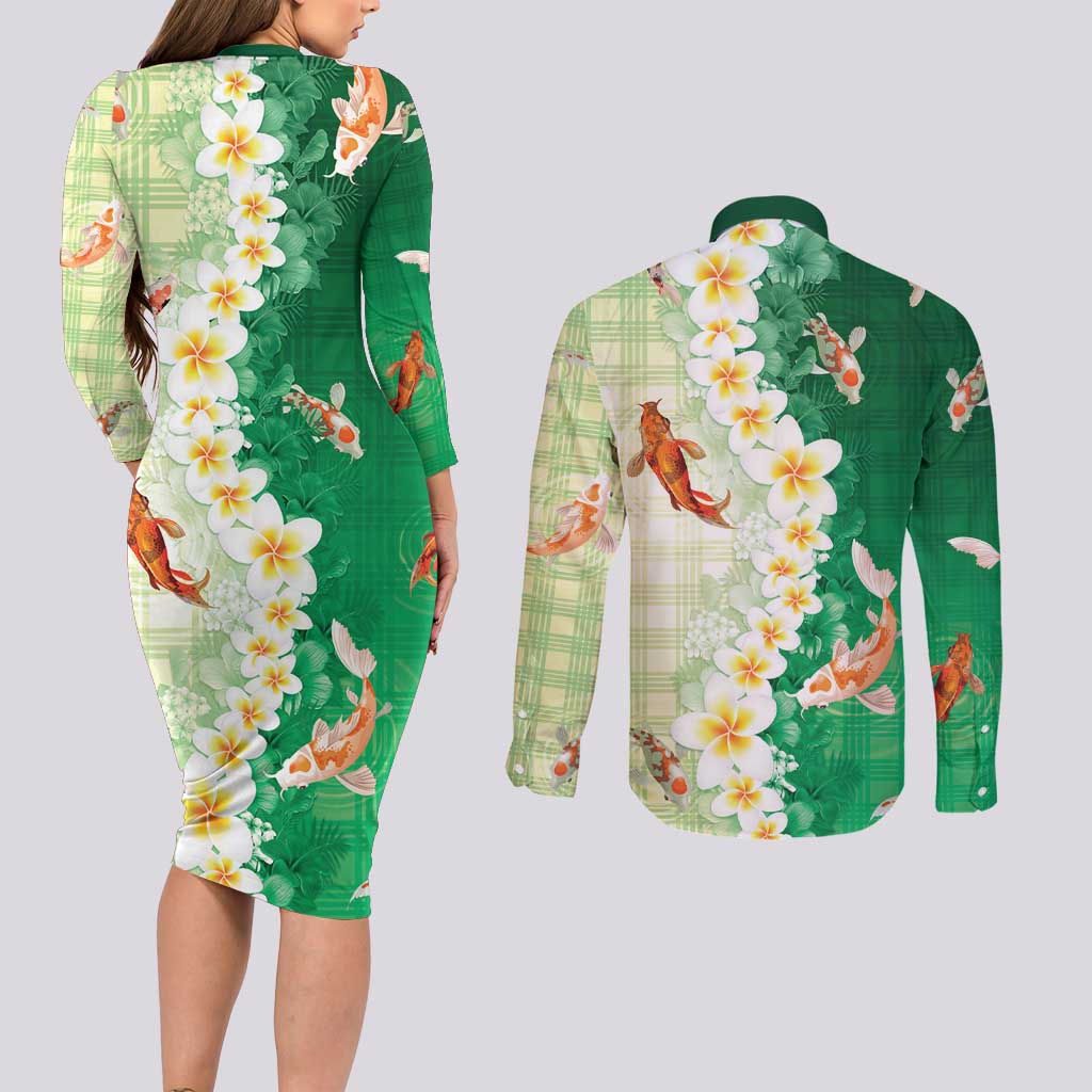 Hawaii And Japan Couples Matching Long Sleeve Bodycon Dress and Long Sleeve Button Shirt Plumeria Lei With Koi Fish Green - Polynesian Pride