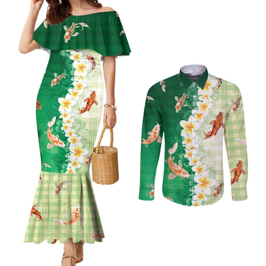 Hawaii And Japan Couples Matching Mermaid Dress and Long Sleeve Button Shirt Plumeria Lei With Koi Fish Green - Polynesian Pride