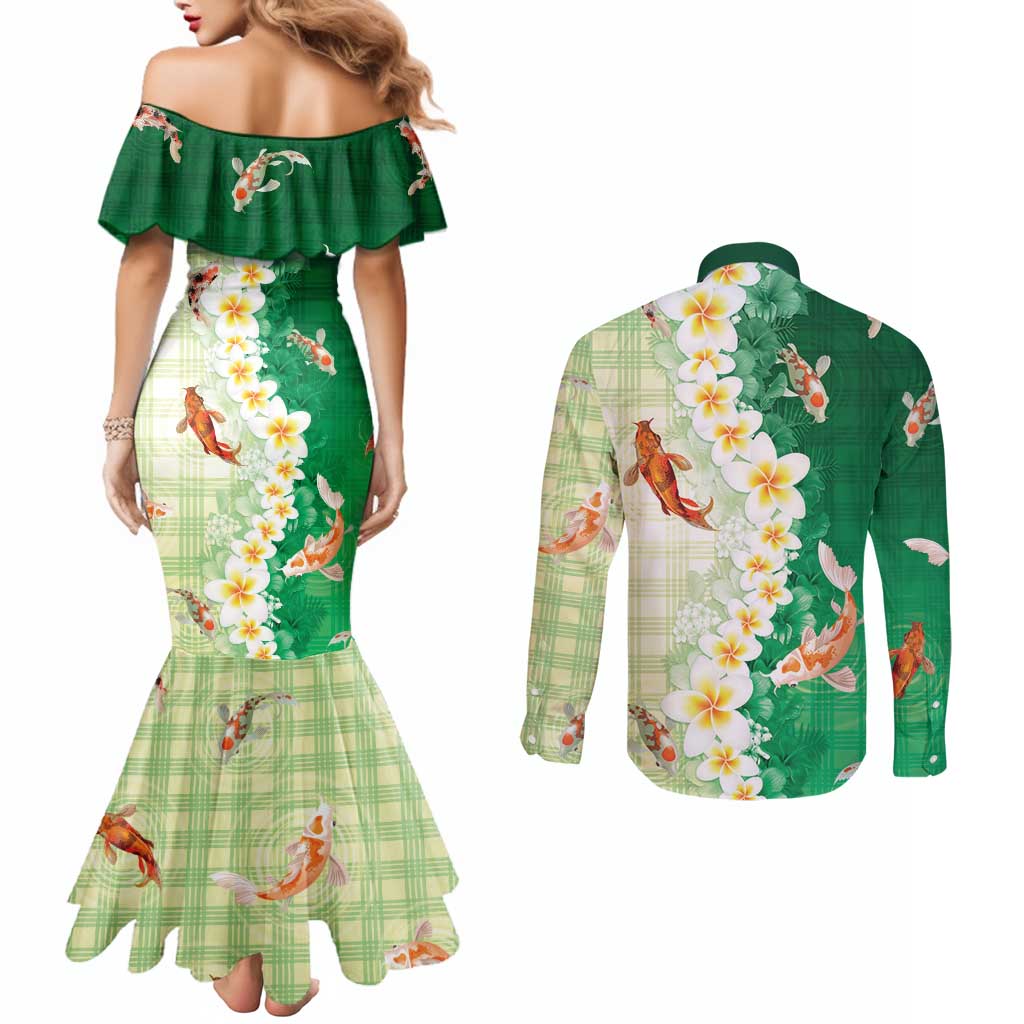 Hawaii And Japan Couples Matching Mermaid Dress and Long Sleeve Button Shirt Plumeria Lei With Koi Fish Green - Polynesian Pride