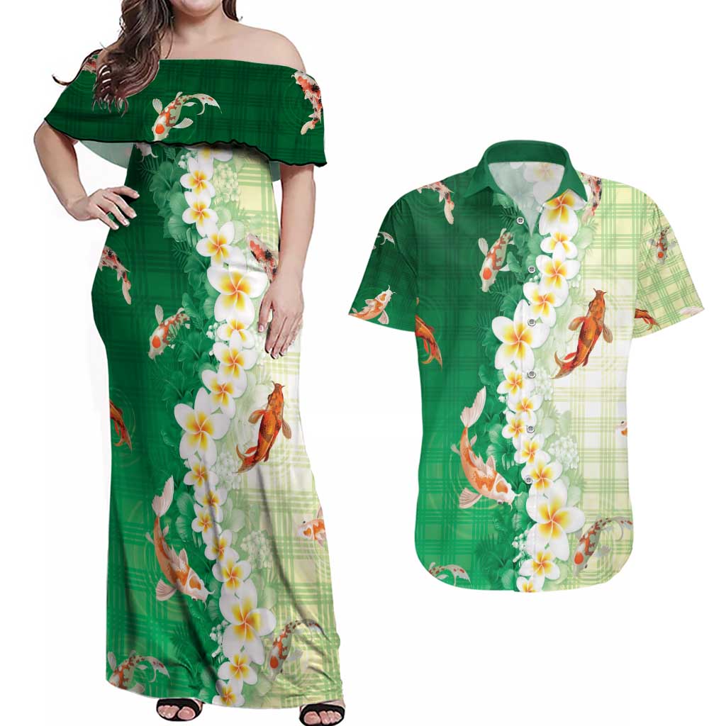 Hawaii And Japan Couples Matching Off Shoulder Maxi Dress and Hawaiian Shirt Plumeria Lei With Koi Fish Green - Polynesian Pride