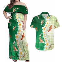 Hawaii And Japan Couples Matching Off Shoulder Maxi Dress and Hawaiian Shirt Plumeria Lei With Koi Fish Green - Polynesian Pride