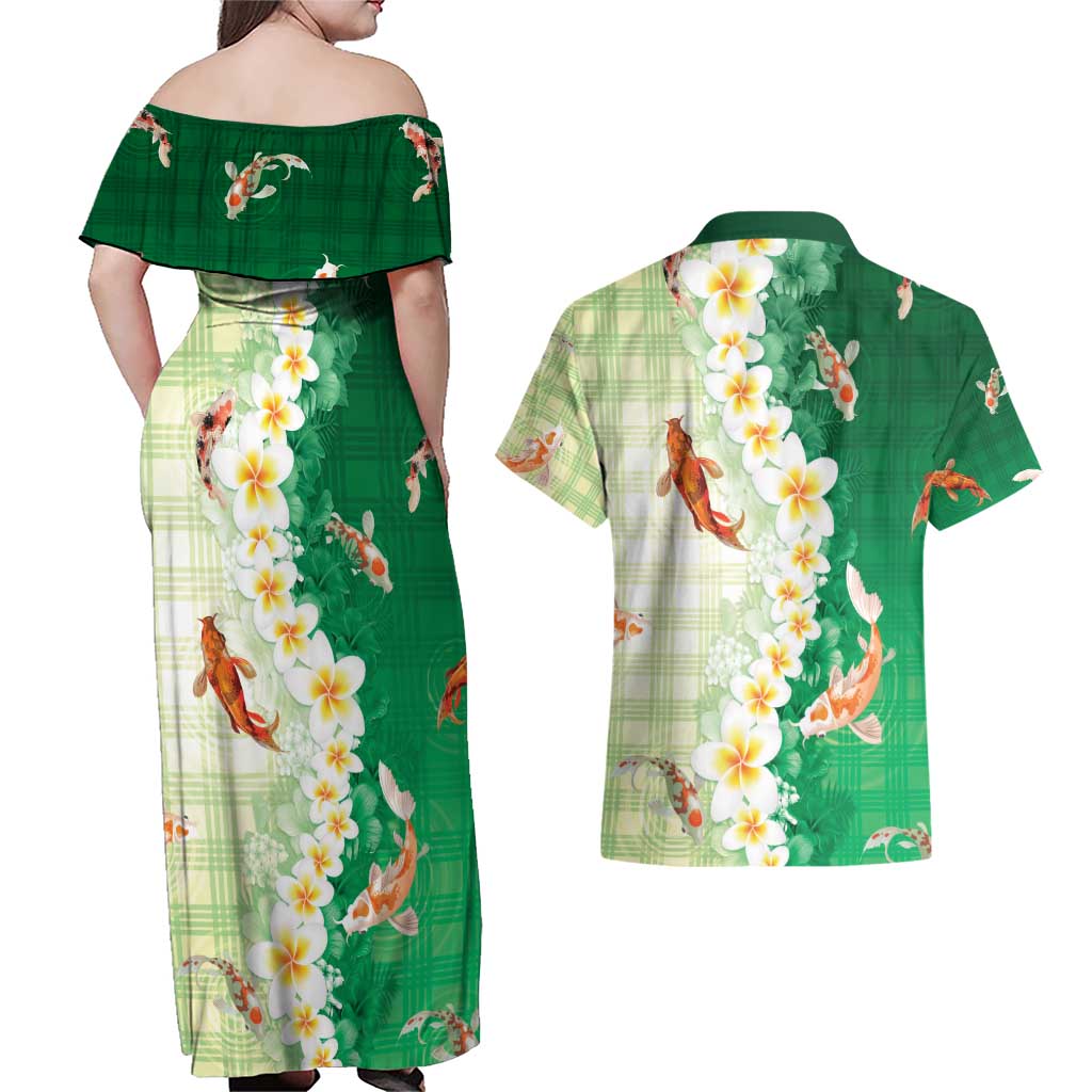 Hawaii And Japan Couples Matching Off Shoulder Maxi Dress and Hawaiian Shirt Plumeria Lei With Koi Fish Green - Polynesian Pride