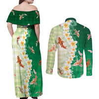 Hawaii And Japan Couples Matching Off Shoulder Maxi Dress and Long Sleeve Button Shirt Plumeria Lei With Koi Fish Green - Polynesian Pride