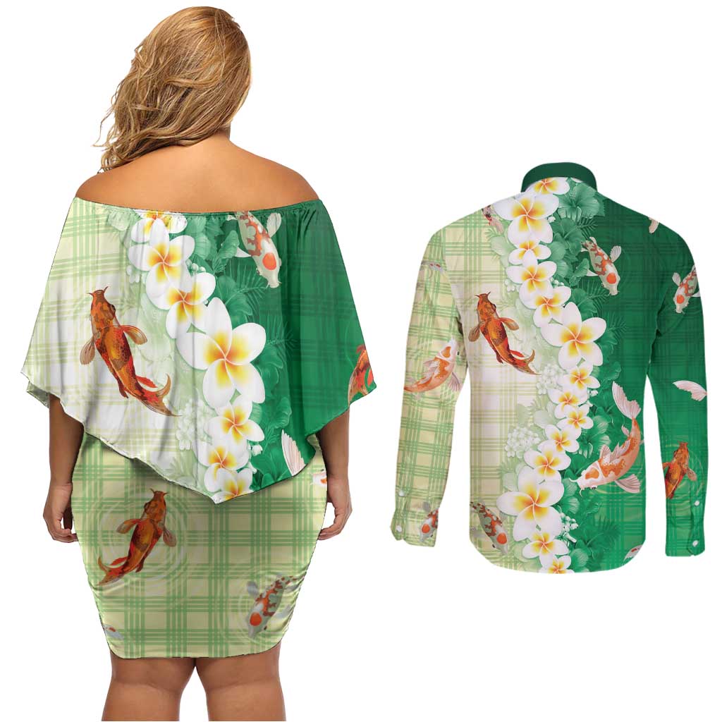 Hawaii And Japan Couples Matching Off Shoulder Short Dress and Long Sleeve Button Shirt Plumeria Lei With Koi Fish Green - Polynesian Pride