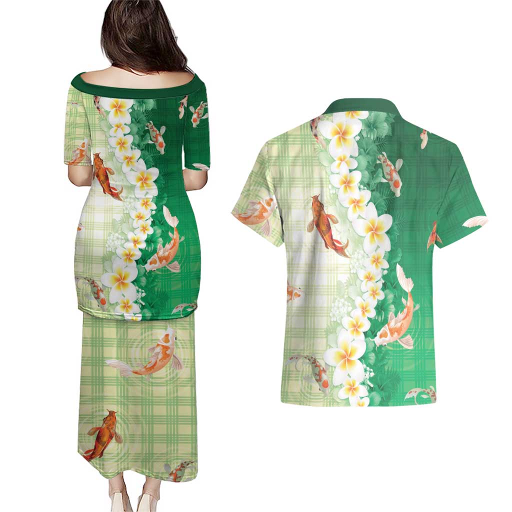 Hawaii And Japan Couples Matching Puletasi and Hawaiian Shirt Plumeria Lei With Koi Fish Green - Polynesian Pride