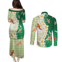 Hawaii And Japan Couples Matching Puletasi and Long Sleeve Button Shirt Plumeria Lei With Koi Fish Green - Polynesian Pride
