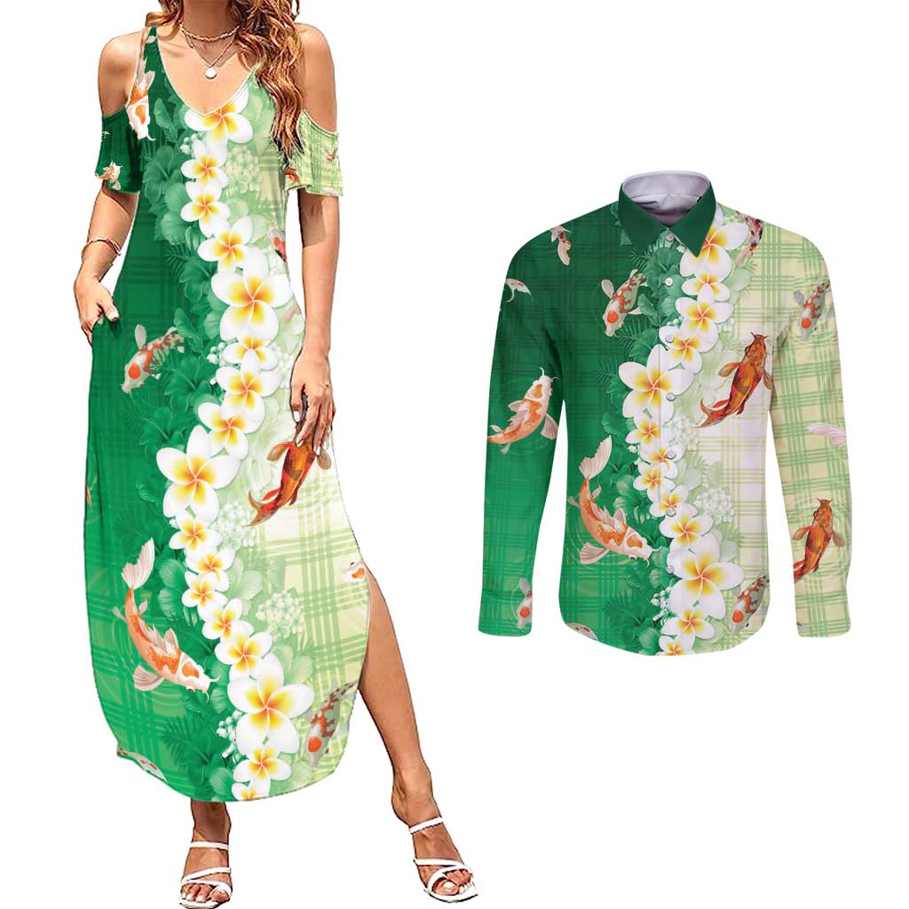 Hawaii And Japan Couples Matching Summer Maxi Dress and Long Sleeve Button Shirt Plumeria Lei With Koi Fish Green - Polynesian Pride