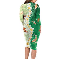 Hawaii And Japan Family Matching Long Sleeve Bodycon Dress and Hawaiian Shirt Plumeria Lei With Koi Fish Green - Polynesian Pride