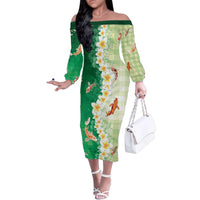 Hawaii And Japan Family Matching Off The Shoulder Long Sleeve Dress and Hawaiian Shirt Plumeria Lei With Koi Fish Green - Polynesian Pride