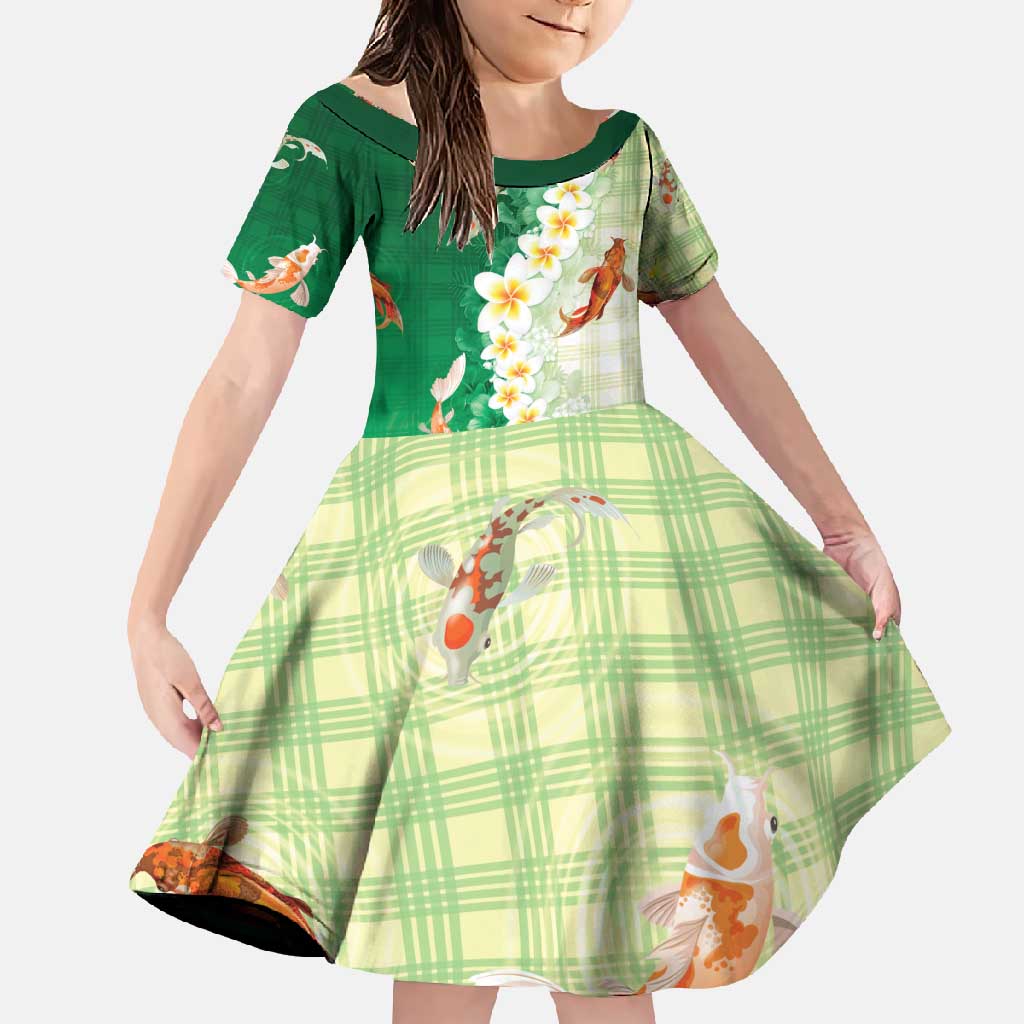 Hawaii And Japan Family Matching Off Shoulder Maxi Dress and Hawaiian Shirt Plumeria Lei With Koi Fish Green - Polynesian Pride