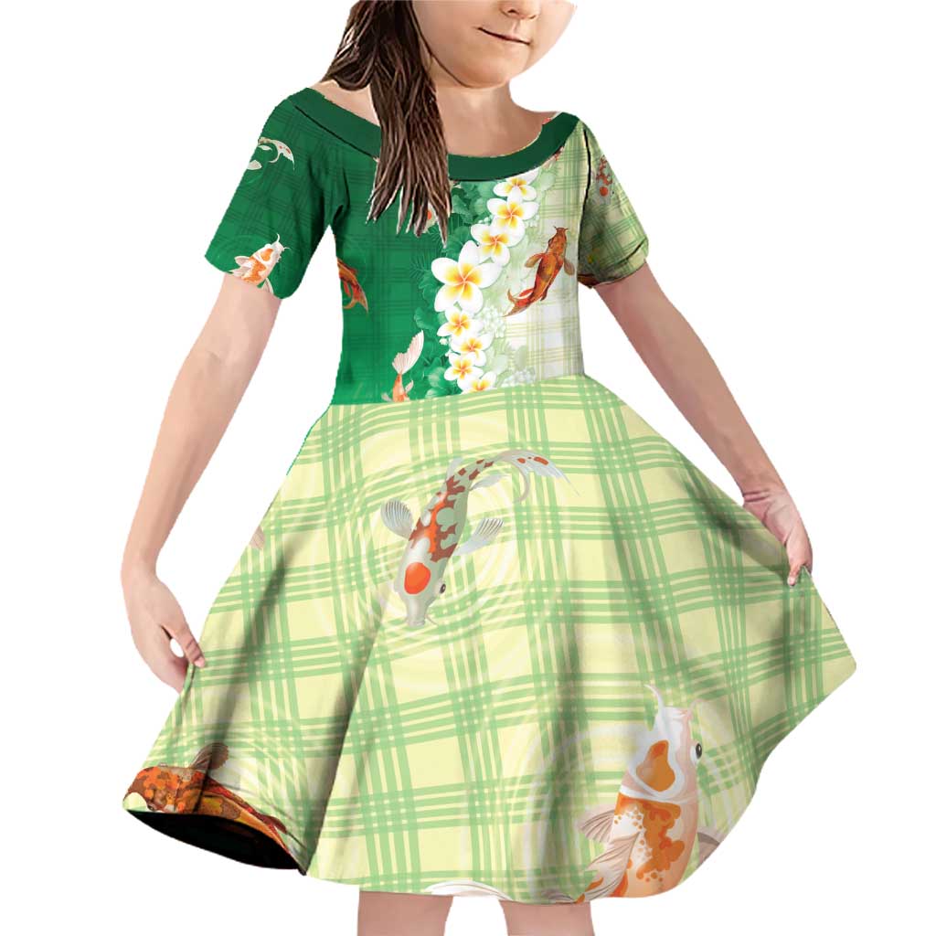 Hawaii And Japan Family Matching Off Shoulder Short Dress and Hawaiian Shirt Plumeria Lei With Koi Fish Green - Polynesian Pride