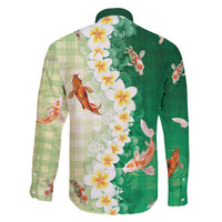 Hawaii And Japan Family Matching Off Shoulder Short Dress and Hawaiian Shirt Plumeria Lei With Koi Fish Green - Polynesian Pride