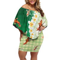 Hawaii And Japan Family Matching Off Shoulder Short Dress and Hawaiian Shirt Plumeria Lei With Koi Fish Green - Polynesian Pride