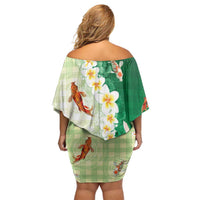 Hawaii And Japan Family Matching Off Shoulder Short Dress and Hawaiian Shirt Plumeria Lei With Koi Fish Green - Polynesian Pride