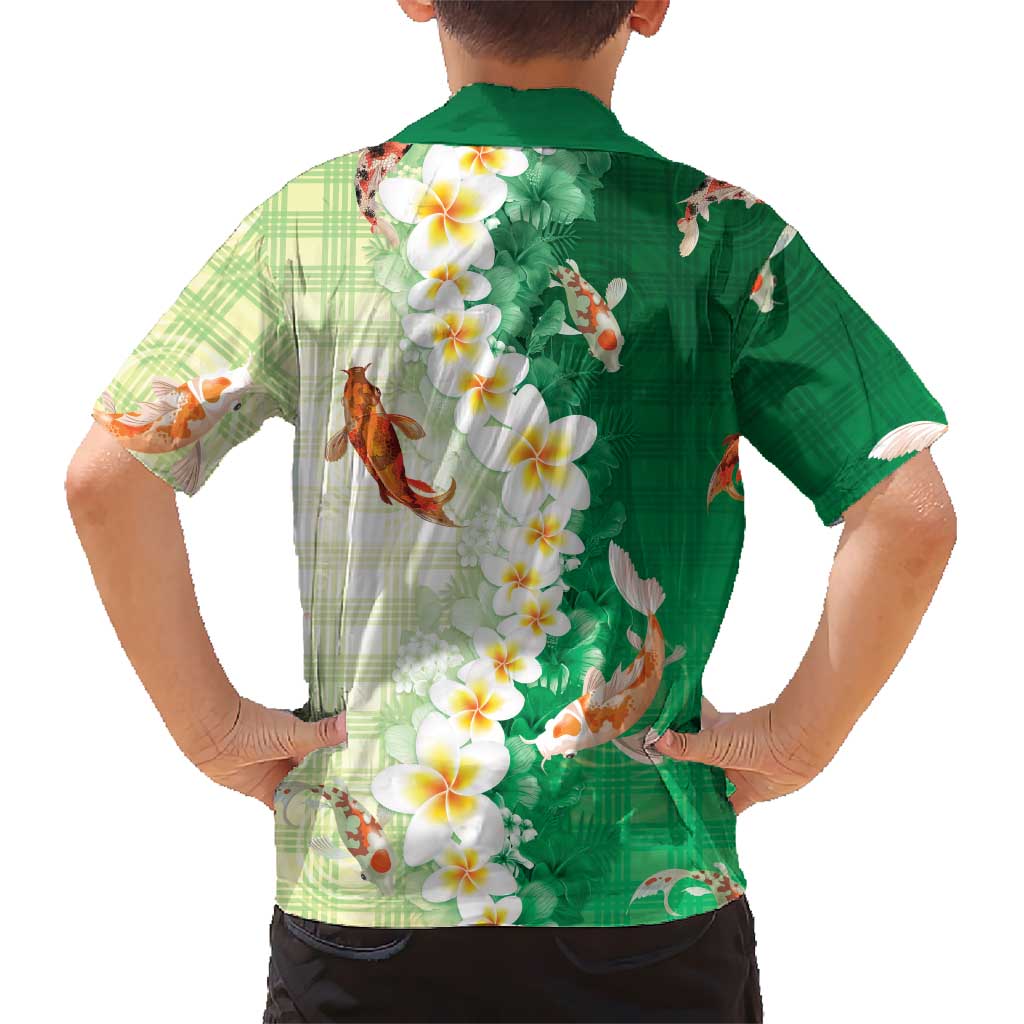 Hawaii And Japan Family Matching Short Sleeve Bodycon Dress and Hawaiian Shirt Plumeria Lei With Koi Fish Green LT05 - Polynesian Pride