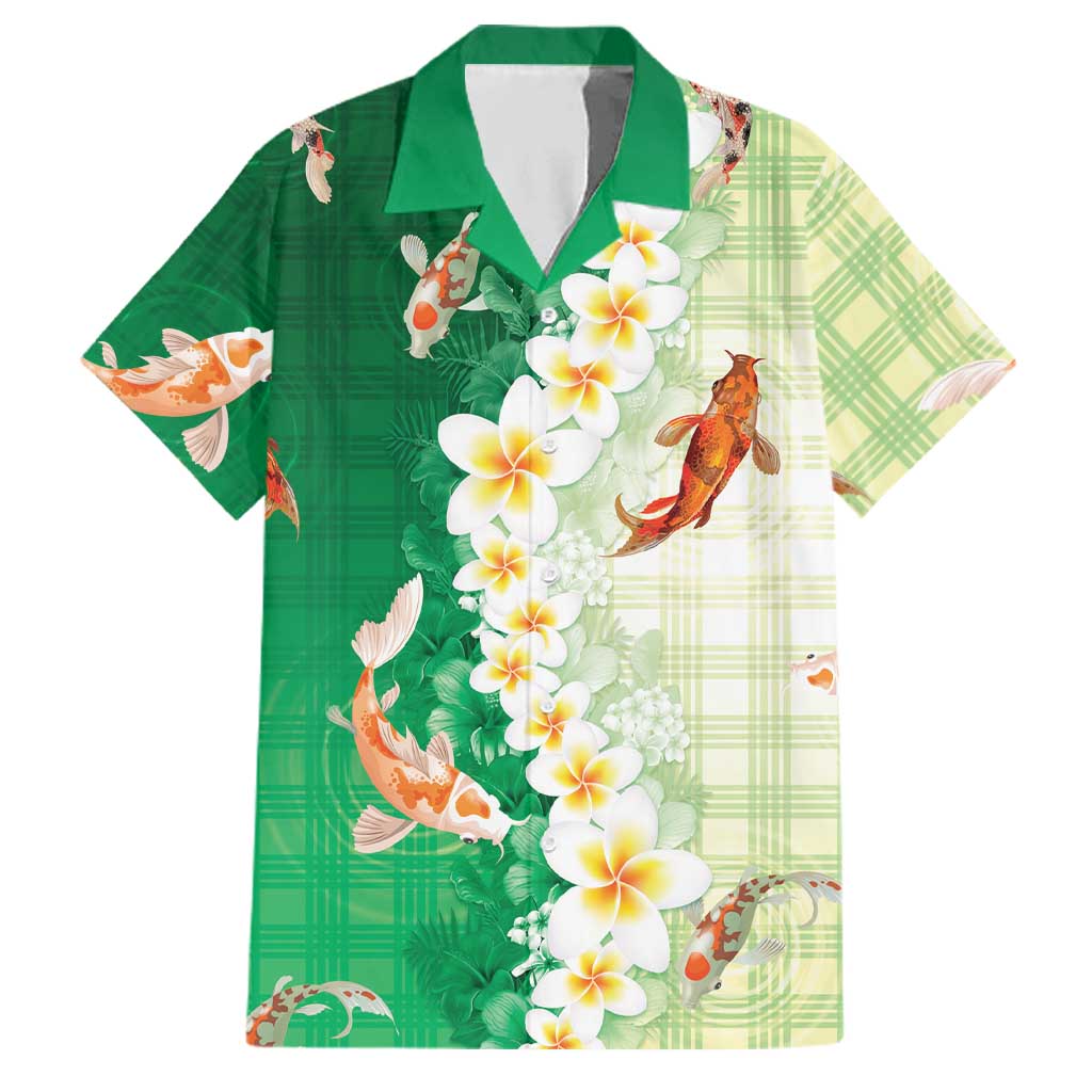 Hawaii And Japan Family Matching Short Sleeve Bodycon Dress and Hawaiian Shirt Plumeria Lei With Koi Fish Green LT05 Dad's Shirt - Short Sleeve Green - Polynesian Pride