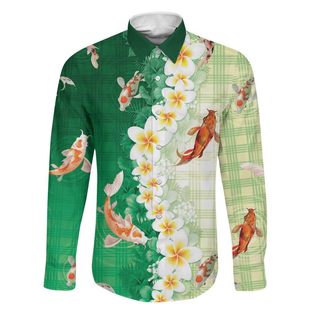 Hawaii And Japan Family Matching Short Sleeve Bodycon Dress and Hawaiian Shirt Plumeria Lei With Koi Fish Green LT05 Dad's Shirt - Long Sleeve Green - Polynesian Pride