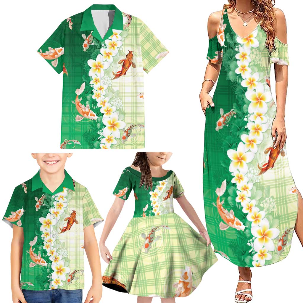 Hawaii And Japan Family Matching Summer Maxi Dress and Hawaiian Shirt Plumeria Lei With Koi Fish Green LT05 - Polynesian Pride