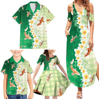 Hawaii And Japan Family Matching Summer Maxi Dress and Hawaiian Shirt Plumeria Lei With Koi Fish Green - Polynesian Pride