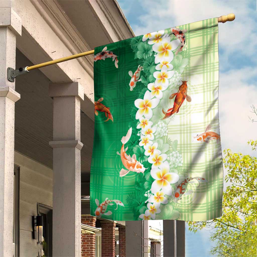 Hawaii And Japan Garden Flag Plumeria Lei With Koi Fish Green LT05 House Flag Green - Polynesian Pride