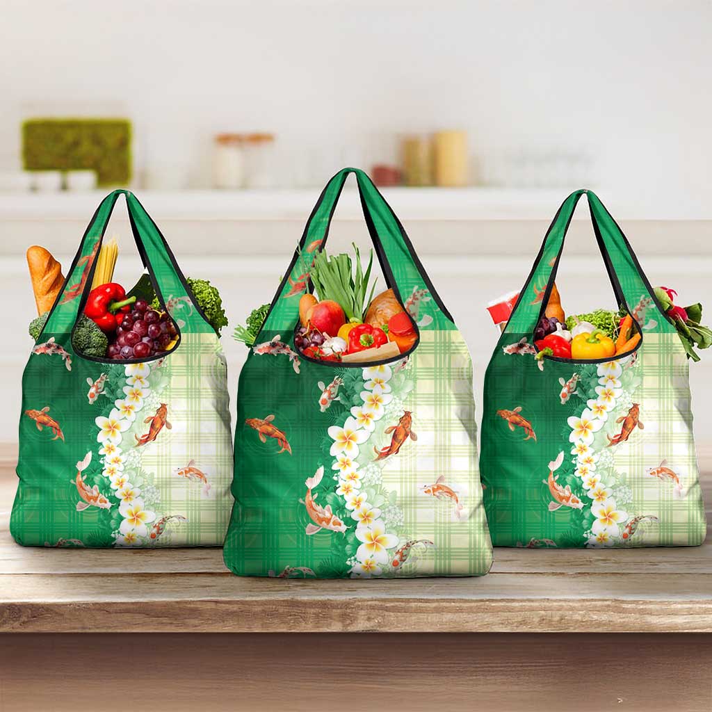 Hawaii And Japan Grocery Bag Plumeria Lei With Koi Fish Green - Polynesian Pride
