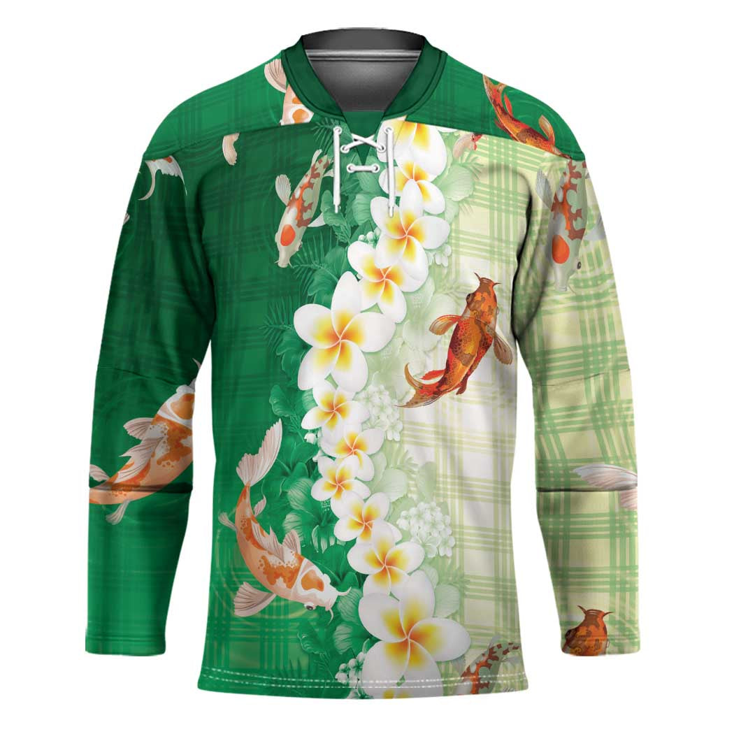 Hawaii And Japan Hockey Jersey Plumeria Lei With Koi Fish Green LT05 Unisex Green - Polynesian Pride