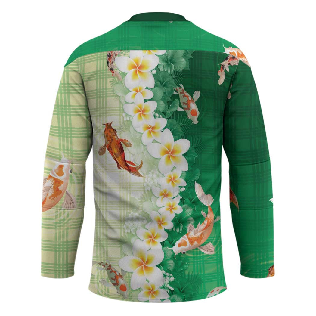 Hawaii And Japan Hockey Jersey Plumeria Lei With Koi Fish Green - Polynesian Pride