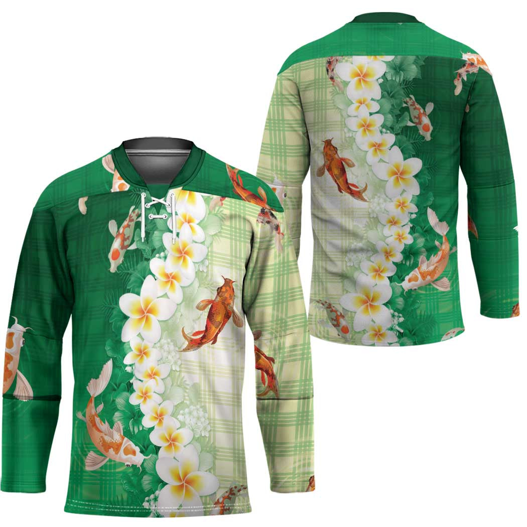 Hawaii And Japan Hockey Jersey Plumeria Lei With Koi Fish Green - Polynesian Pride