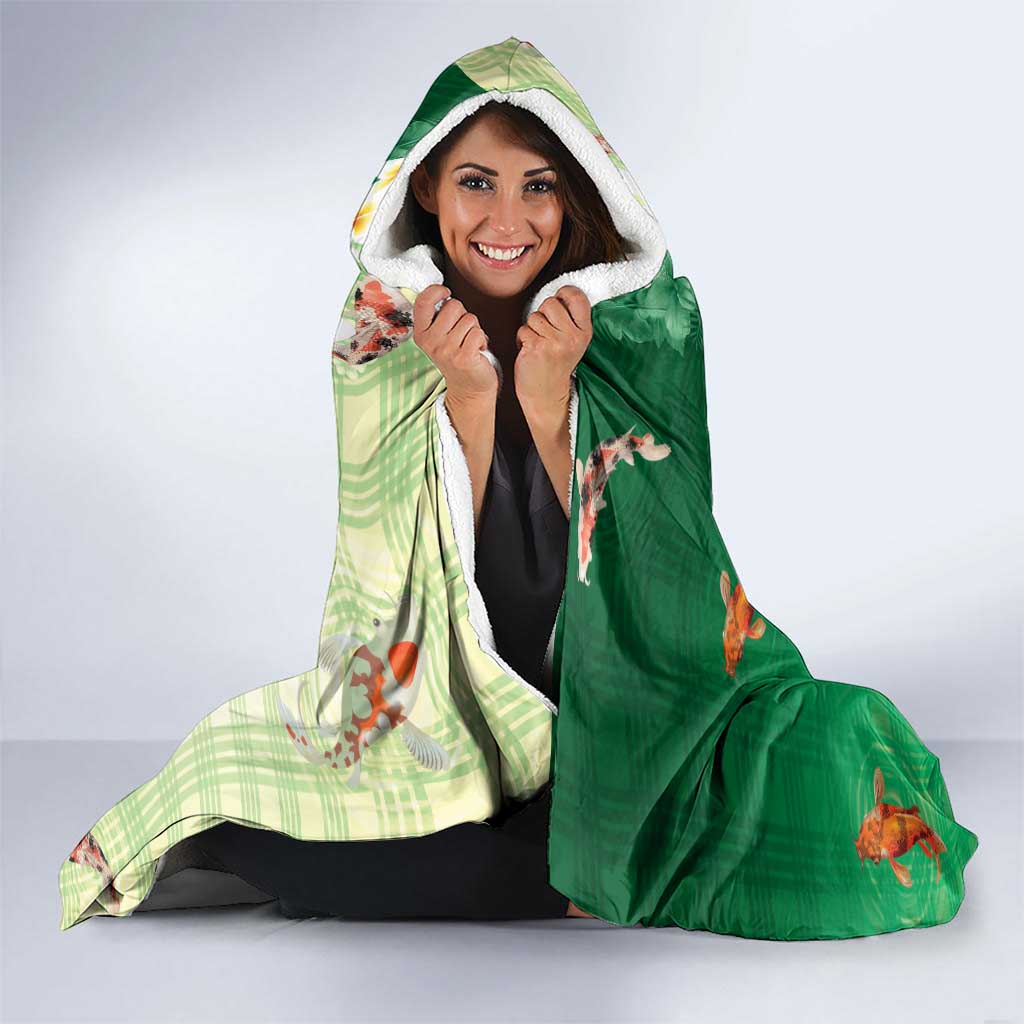 Hawaii And Japan Hooded Blanket Plumeria Lei With Koi Fish Green - Polynesian Pride