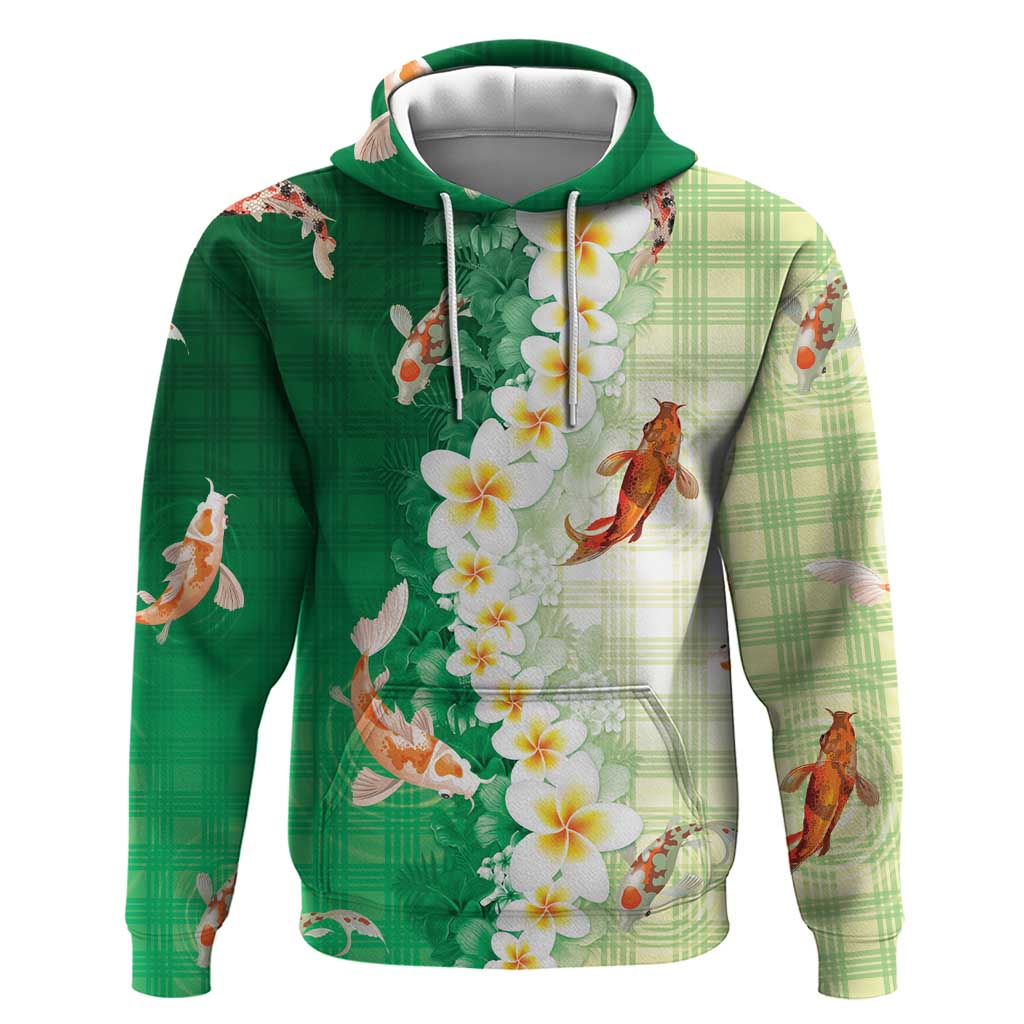 Hawaii And Japan Hoodie Plumeria Lei With Koi Fish Green LT05 Pullover Hoodie Green - Polynesian Pride
