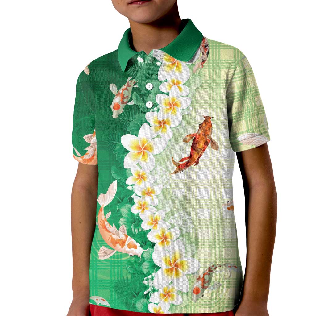 Hawaii And Japan Kid Polo Shirt Plumeria Lei With Koi Fish Green LT05 Kid Green - Polynesian Pride