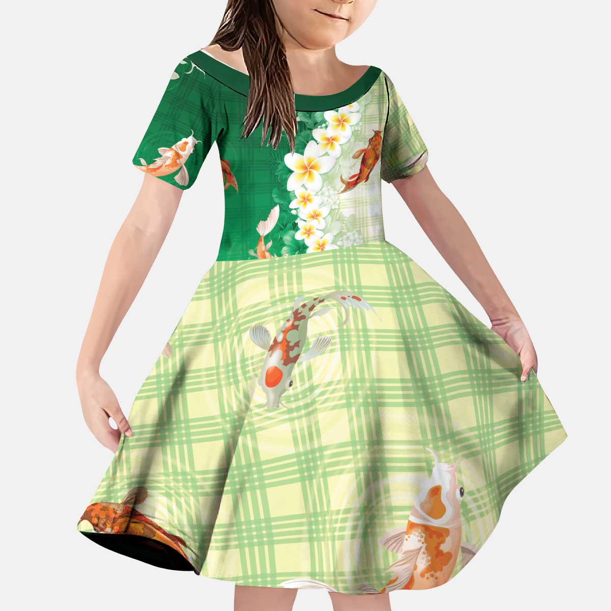 Hawaii And Japan Kid Short Sleeve Dress Plumeria Lei With Koi Fish Green - Polynesian Pride
