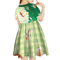 Hawaii And Japan Kid Short Sleeve Dress Plumeria Lei With Koi Fish Green - Polynesian Pride