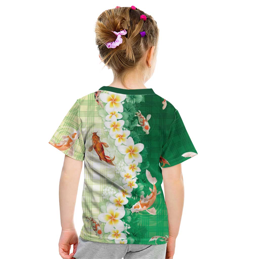Hawaii And Japan Kid T Shirt Plumeria Lei With Koi Fish Green - Polynesian Pride