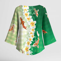 Hawaii And Japan Kimono Sleeve Blouse Plumeria Lei With Koi Fish Green - Polynesian Pride