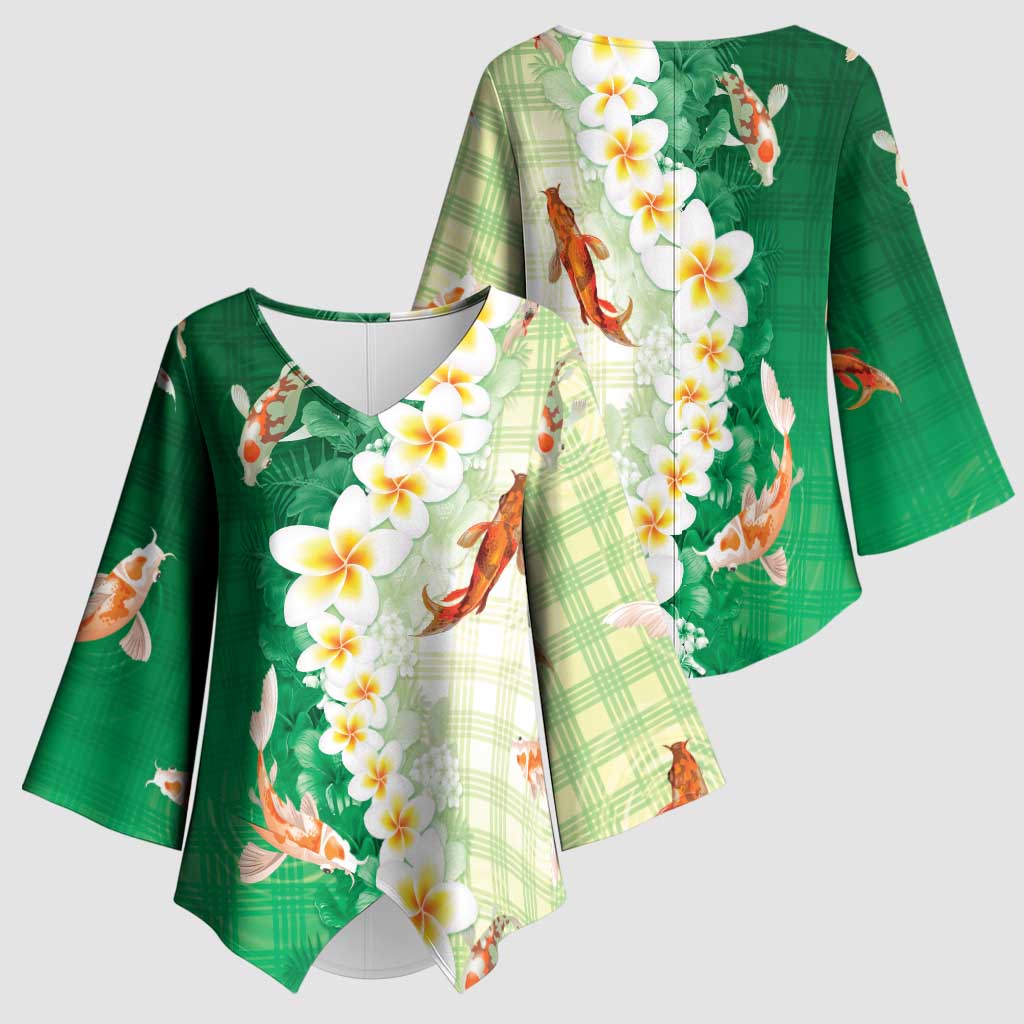 Hawaii And Japan Kimono Sleeve Blouse Plumeria Lei With Koi Fish Green - Polynesian Pride