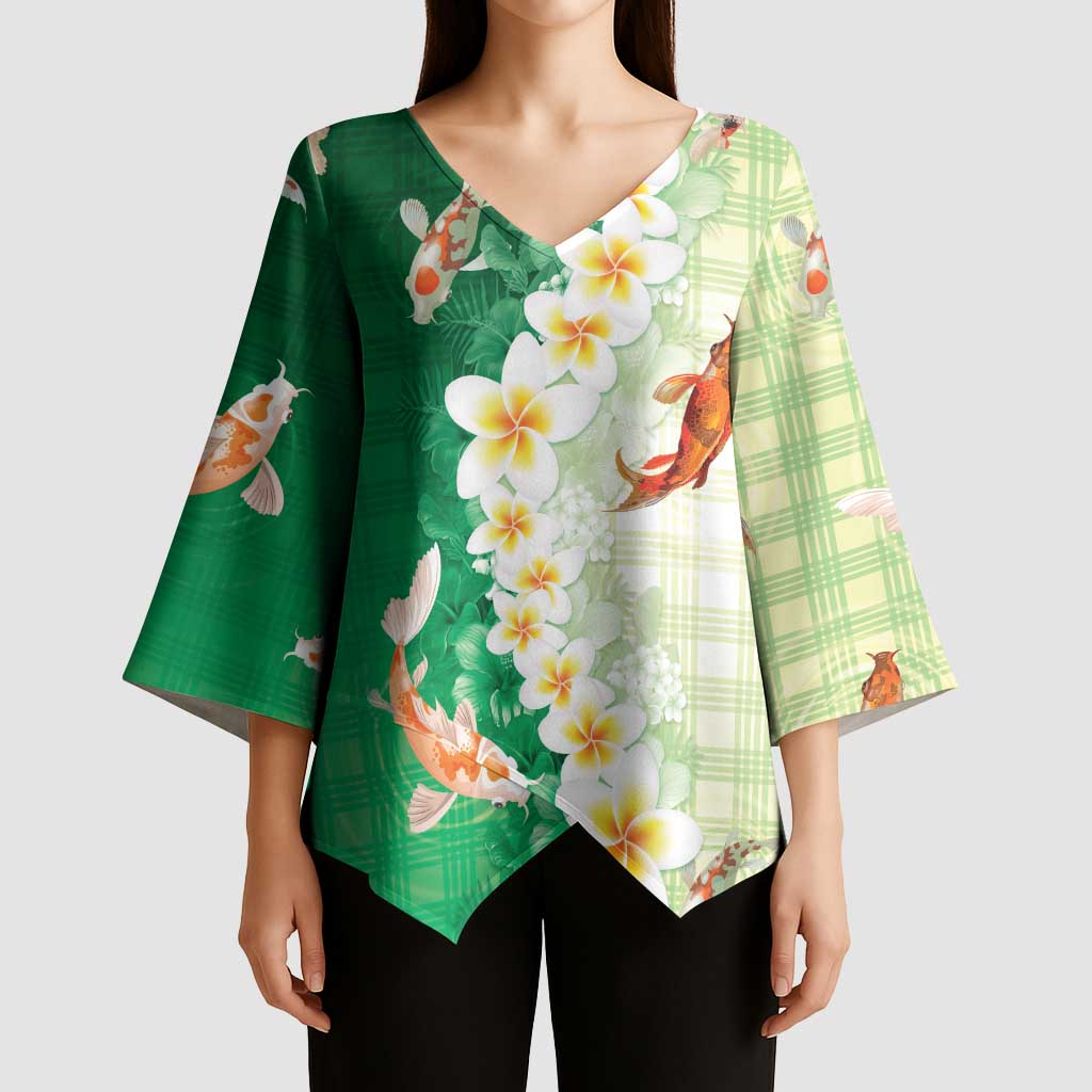 Hawaii And Japan Kimono Sleeve Blouse Plumeria Lei With Koi Fish Green - Polynesian Pride