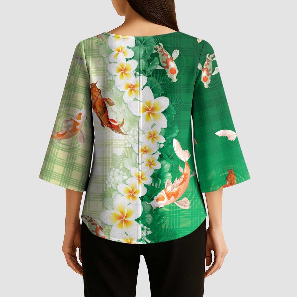 Hawaii And Japan Kimono Sleeve Blouse Plumeria Lei With Koi Fish Green - Polynesian Pride