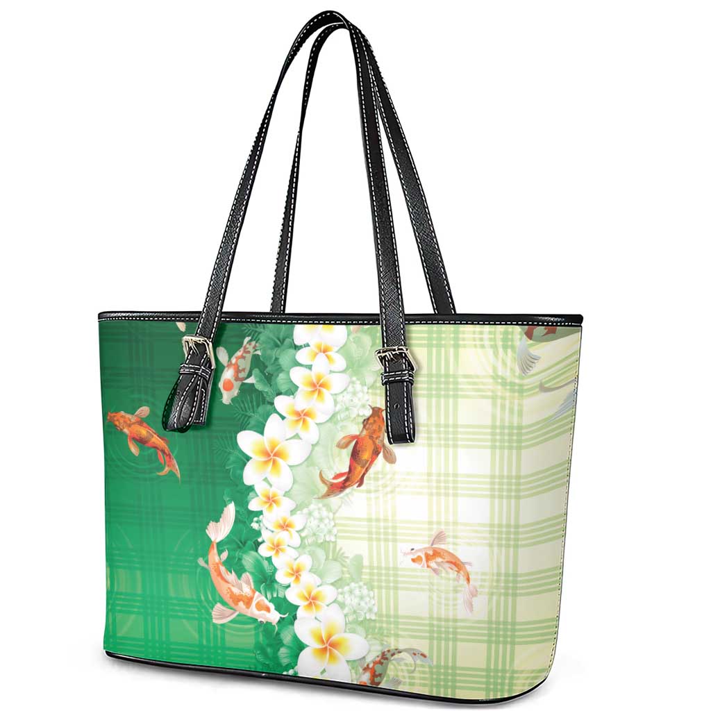 Hawaii And Japan Leather Tote Bag Plumeria Lei With Koi Fish Green - Polynesian Pride
