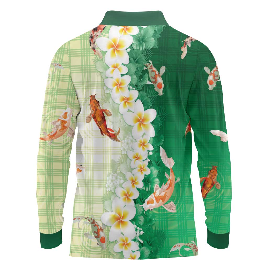 Hawaii And Japan Long Sleeve Polo Shirt Plumeria Lei With Koi Fish Green - Polynesian Pride