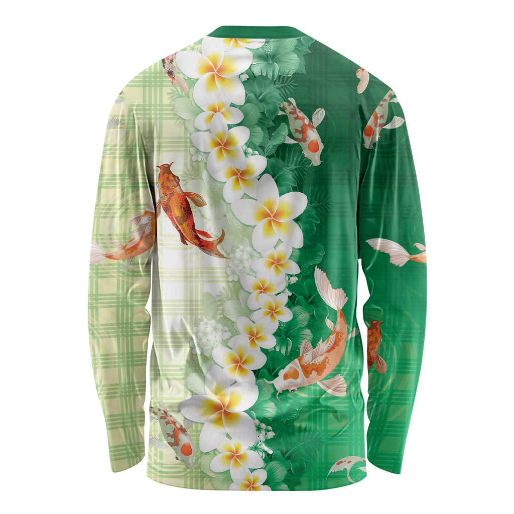 Hawaii And Japan Long Sleeve Shirt Plumeria Lei With Koi Fish Green - Polynesian Pride